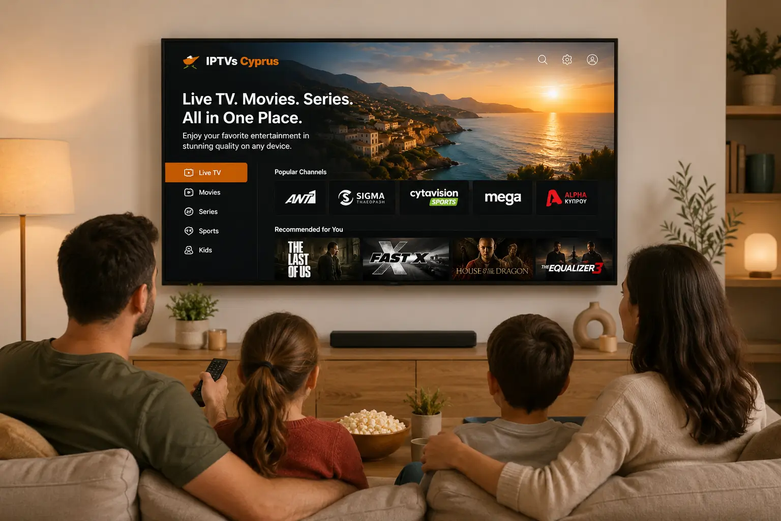 Family watching IPTV Cyprus on a Smart TV in a modern living room with compatible streaming devices